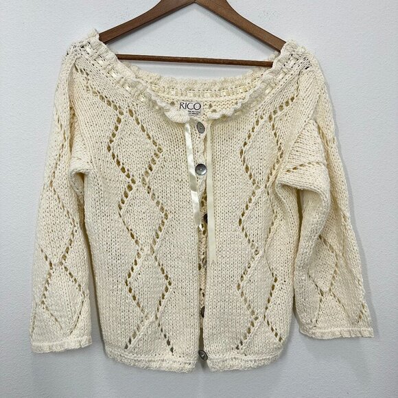 RICO Sweaters - Vintage Coquette Cardigan Open Knit  Off the Shoulder Romantic Feminine M/L